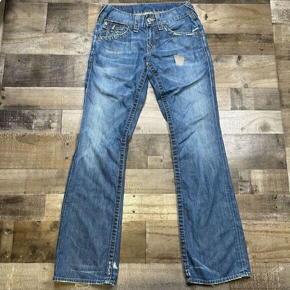 True Religion Women’s Size 28 Straight Leg Jeans Blue Denim Medium Wash Big T - Picture 1 of 10